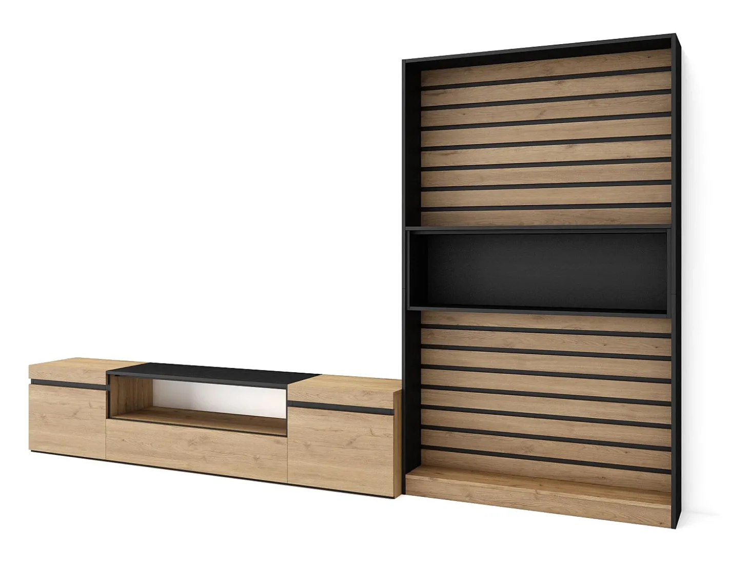 Conjunto de móveis TV, 310x35x186cm, Para televisores até 80", Estante para TV, Carvahlo e preto