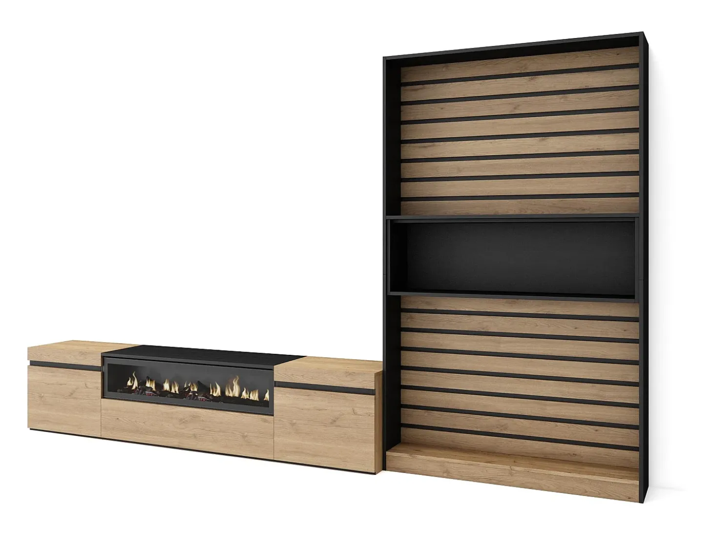 Conjunto de móveis TV, 310x35x186cm, Para televisores até 80", Lareira eléctrica, Carvahlo e preto