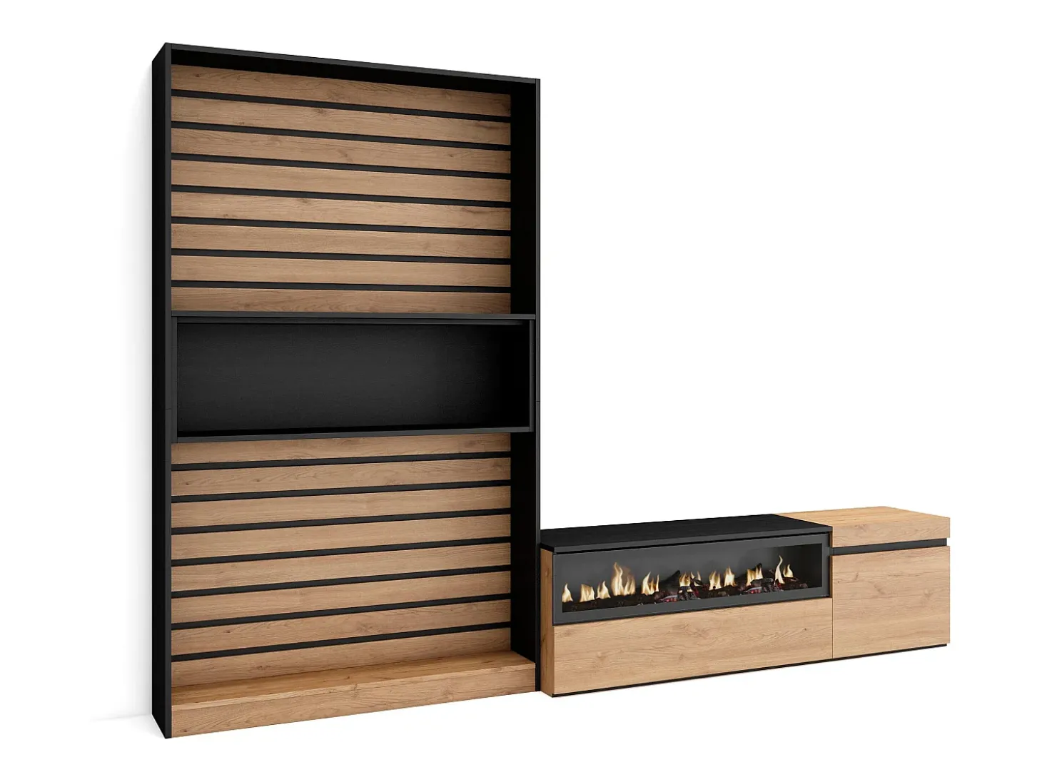 Conjunto de móveis TV, 260x35x186cm, Para televisores até 65", Lareira eléctrica, Carvahlo e preto