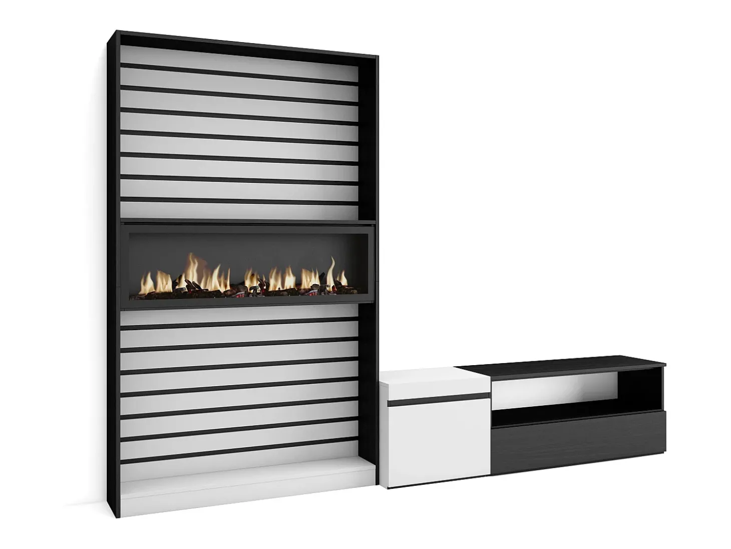Conjunto de móveis TV, 260x35x186cm, Para televisores até 65", Lareira eléctrica, Branco e preto