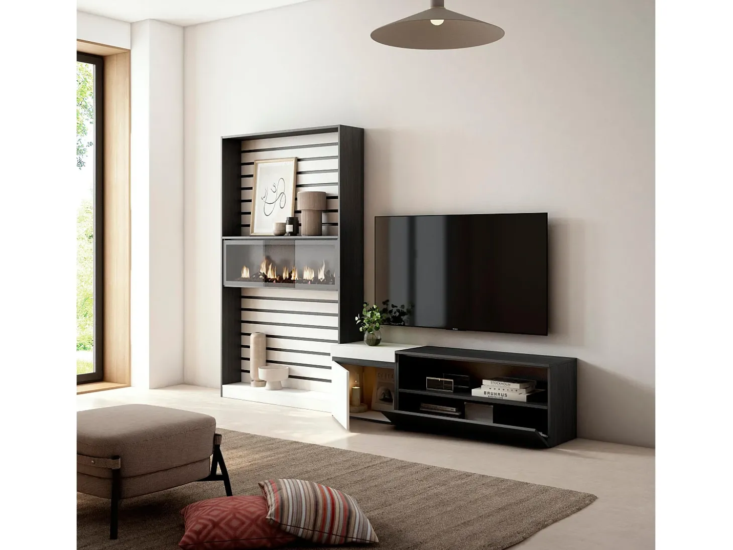 Conjunto de móveis TV, 260x35x186cm, Para televisores até 65", Lareira eléctrica, Branco e preto