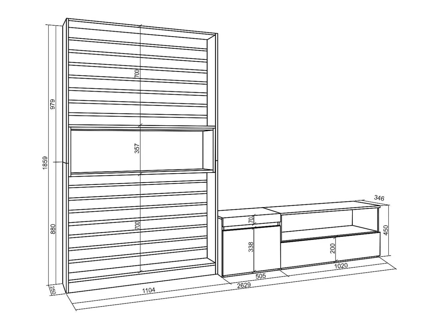 Conjunto de móveis TV, 260x35x186cm, Para televisores até 65", Estante para TV, Branco e preto