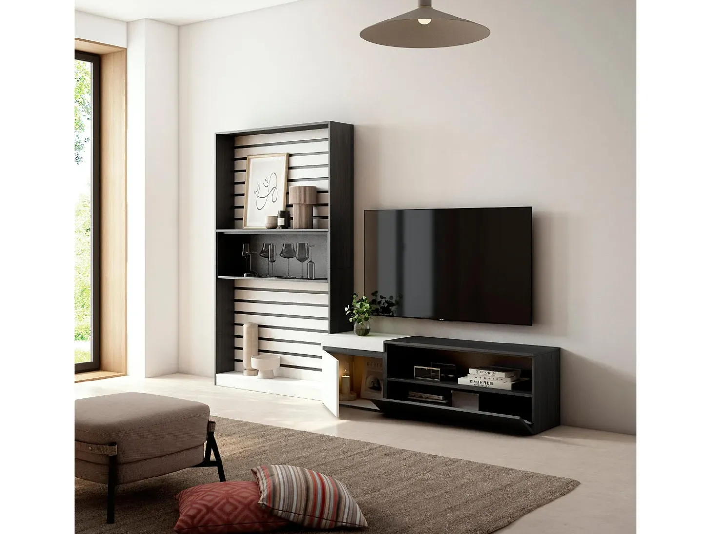 Conjunto de móveis TV, 260x35x186cm, Para televisores até 65", Estante para TV, Branco e preto
