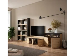 Conjunto de móveis TV, 370x35x186cm, Para televisores até 65", Lareira eléctrica, Carvahlo e preto