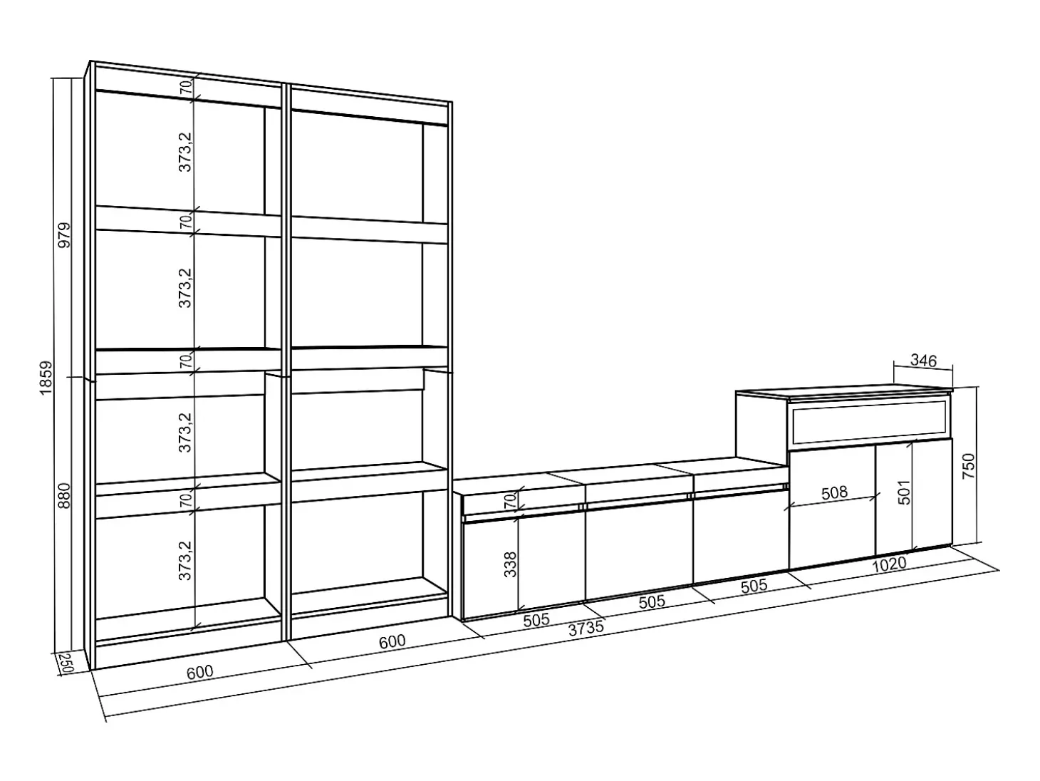 Conjunto de móveis TV, 370x35x186cm, Para televisores até 65", Lareira eléctrica, Carvahlo e preto
