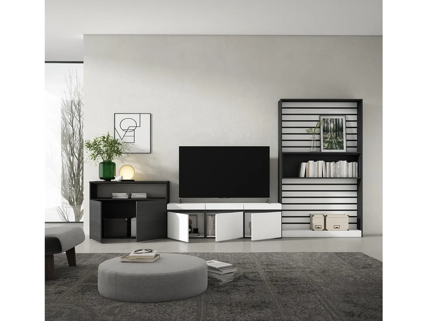 Conjunto de móveis TV, 360x35x186cm, Para televisores até 65", Estante para TV, Branco e preto