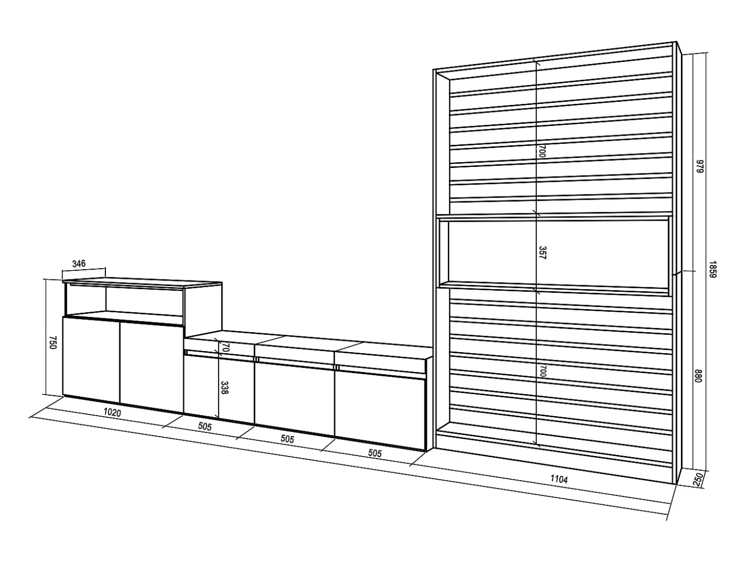 Conjunto de móveis TV, 360x35x186cm, Para televisores até 65", Estante para TV, Branco e preto