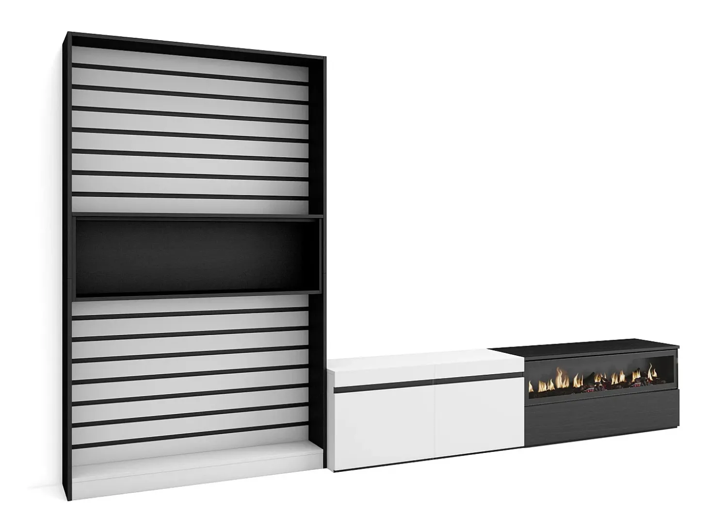 Conjunto de móveis TV, 310x35x186cm, Para televisores até 80", Lareira eléctrica, Branco e preto