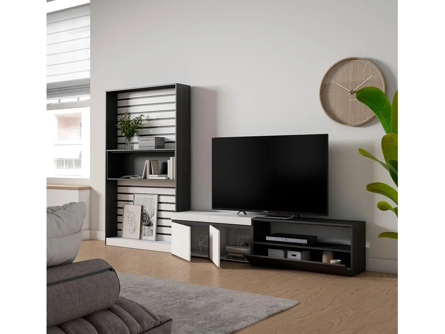 Conjunto de móveis TV, 310x35x186cm, Para televisores até 80", Estante para TV, Branco e preto