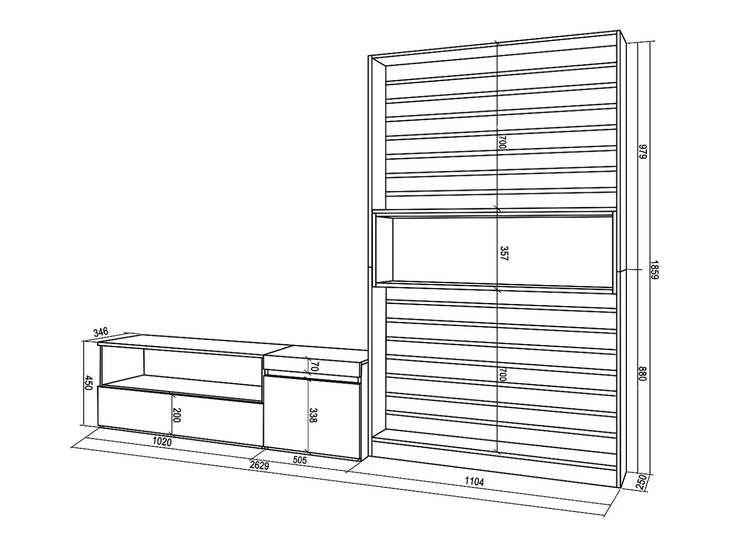 Conjunto de móveis TV, 260x35x186cm, Para televisores até 65", Estante para TV, Carvahlo e preto