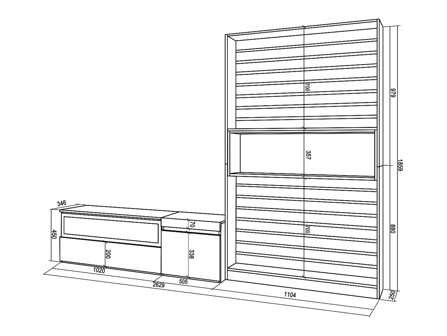 Conjunto de móveis TV, 260x35x186cm, Para televisores até 65", Lareira eléctrica, Branco e preto