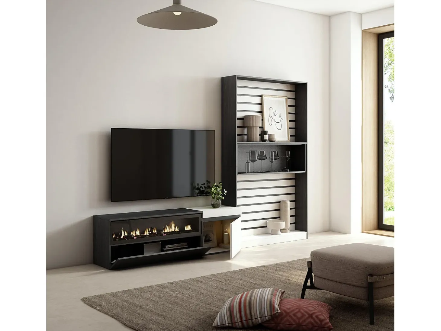 Conjunto de móveis TV, 260x35x186cm, Para televisores até 65", Lareira eléctrica, Branco e preto