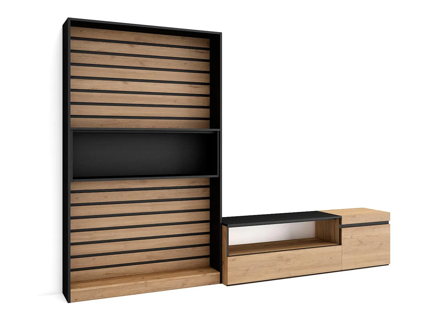 Conjunto de móveis TV, 260x35x186cm, Para televisores até 65", Estante para TV, Carvahlo e preto