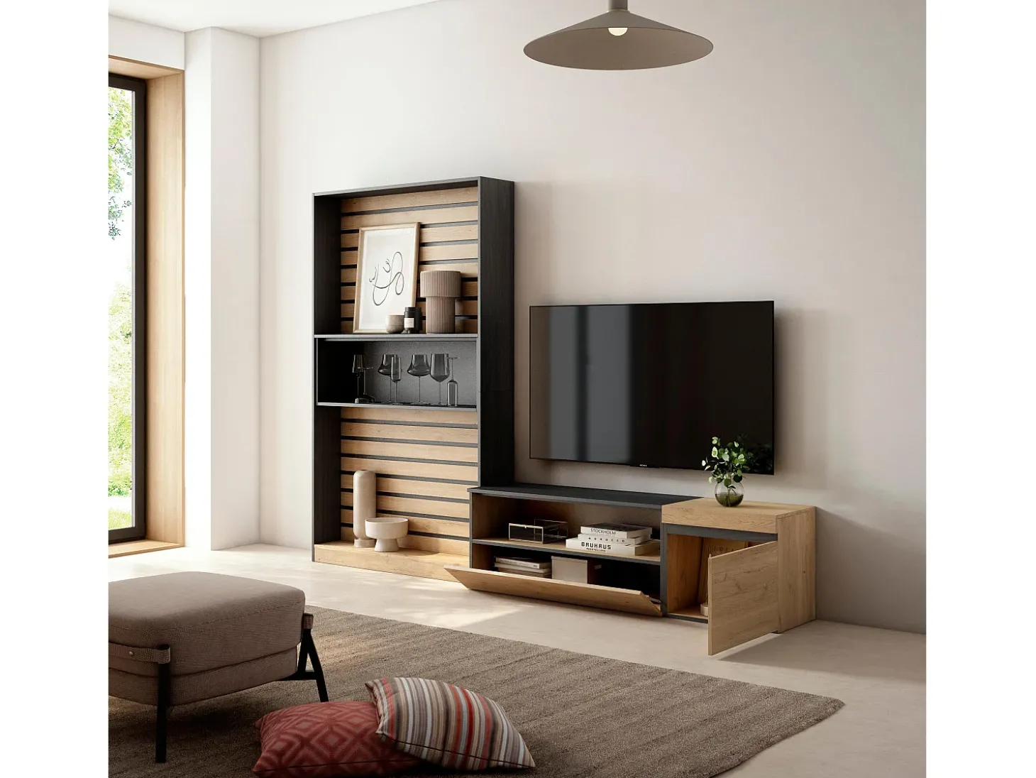 Conjunto de móveis TV, 260x35x186cm, Para televisores até 65", Estante para TV, Carvahlo e preto