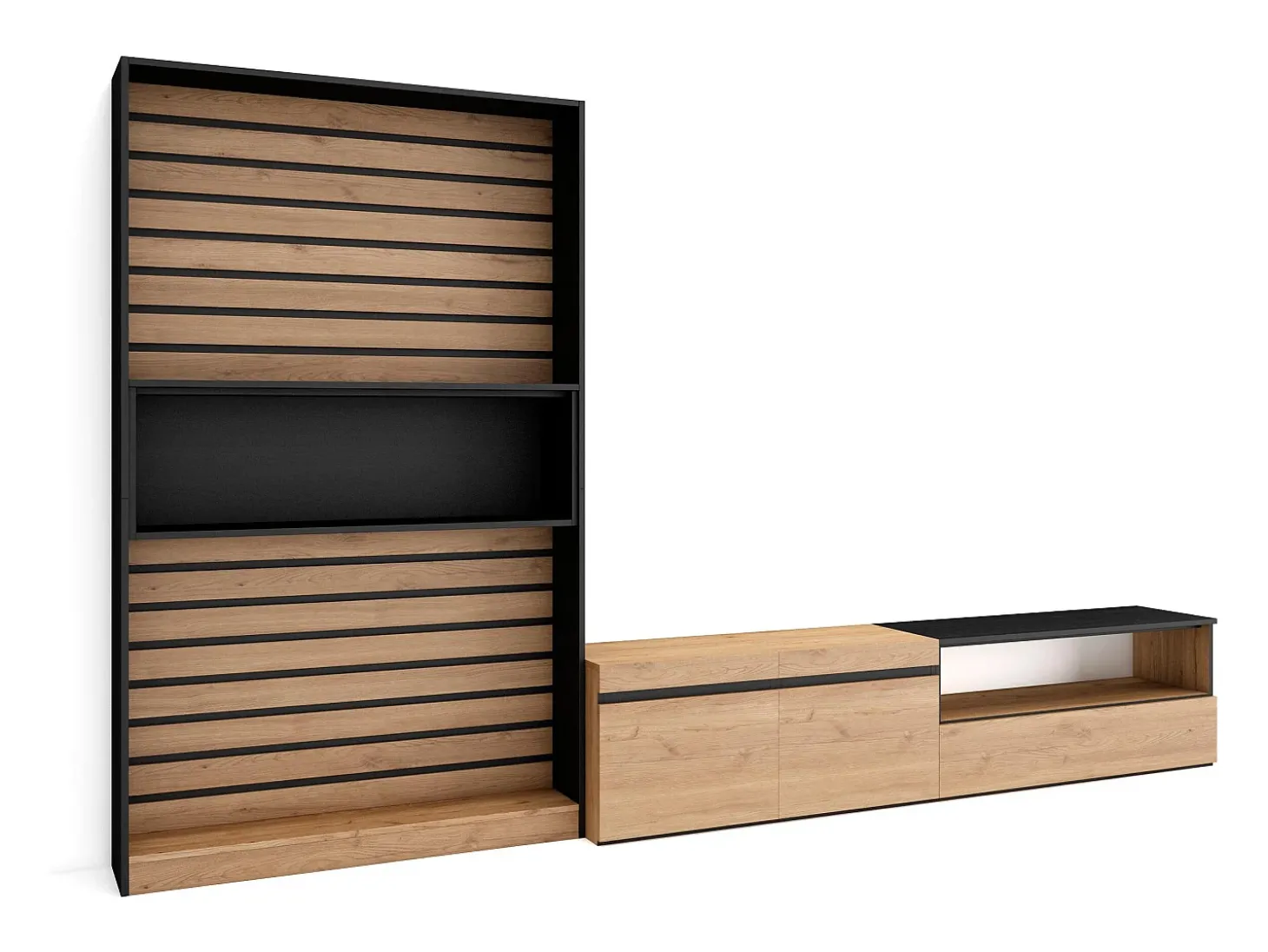 Conjunto de móveis TV, 310x35x186cm, Para televisores até 80", Estante para TV, Carvahlo e preto