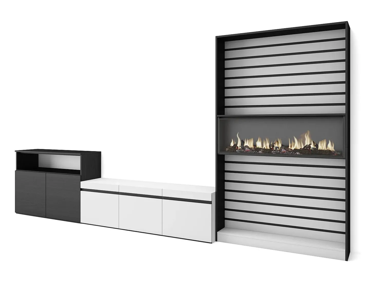 Conjunto de móveis TV, 360x35x186cm, Para televisores até 65", Lareira eléctrica, Branco e preto