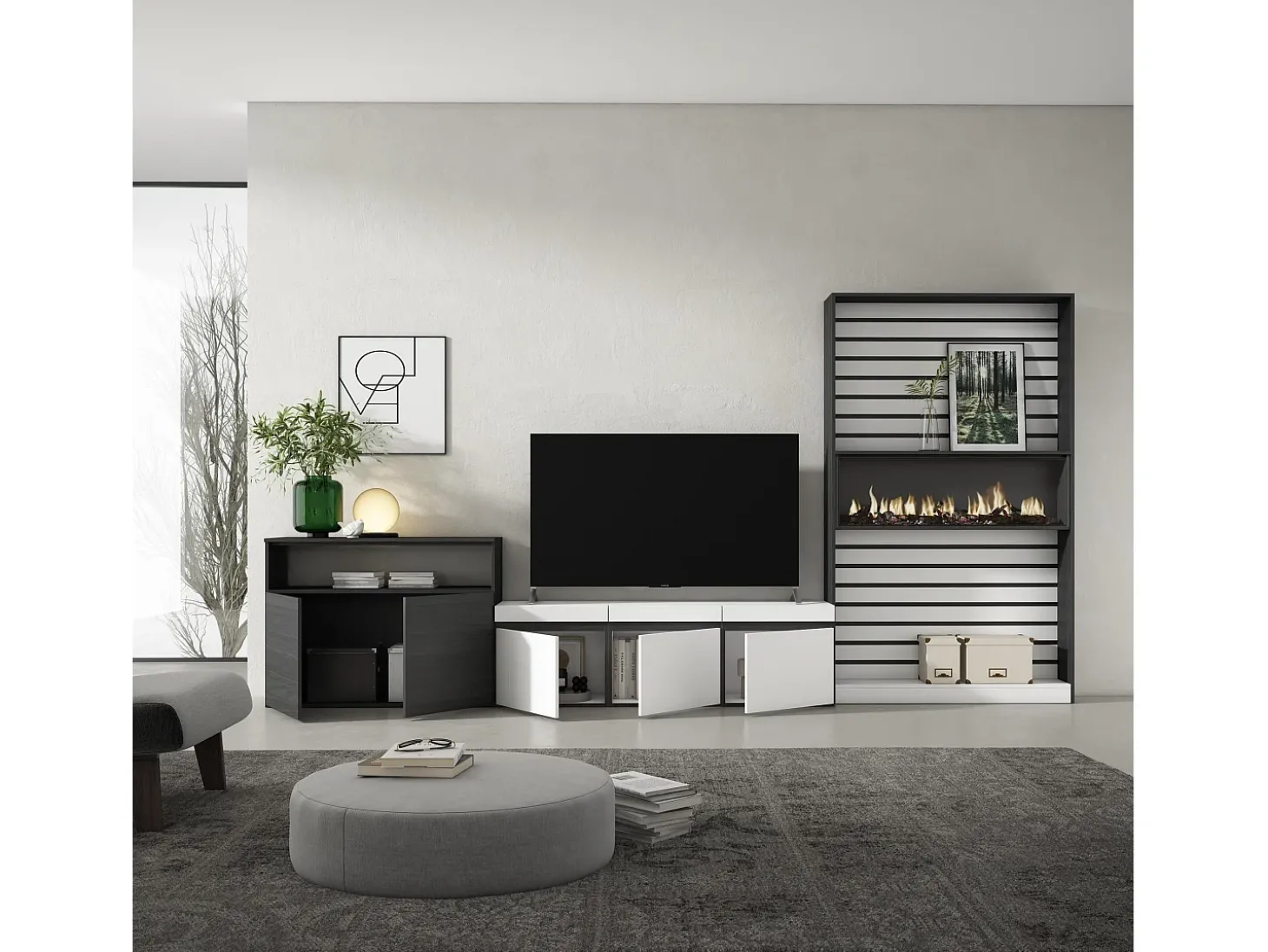 Conjunto de móveis TV, 360x35x186cm, Para televisores até 65", Lareira eléctrica, Branco e preto