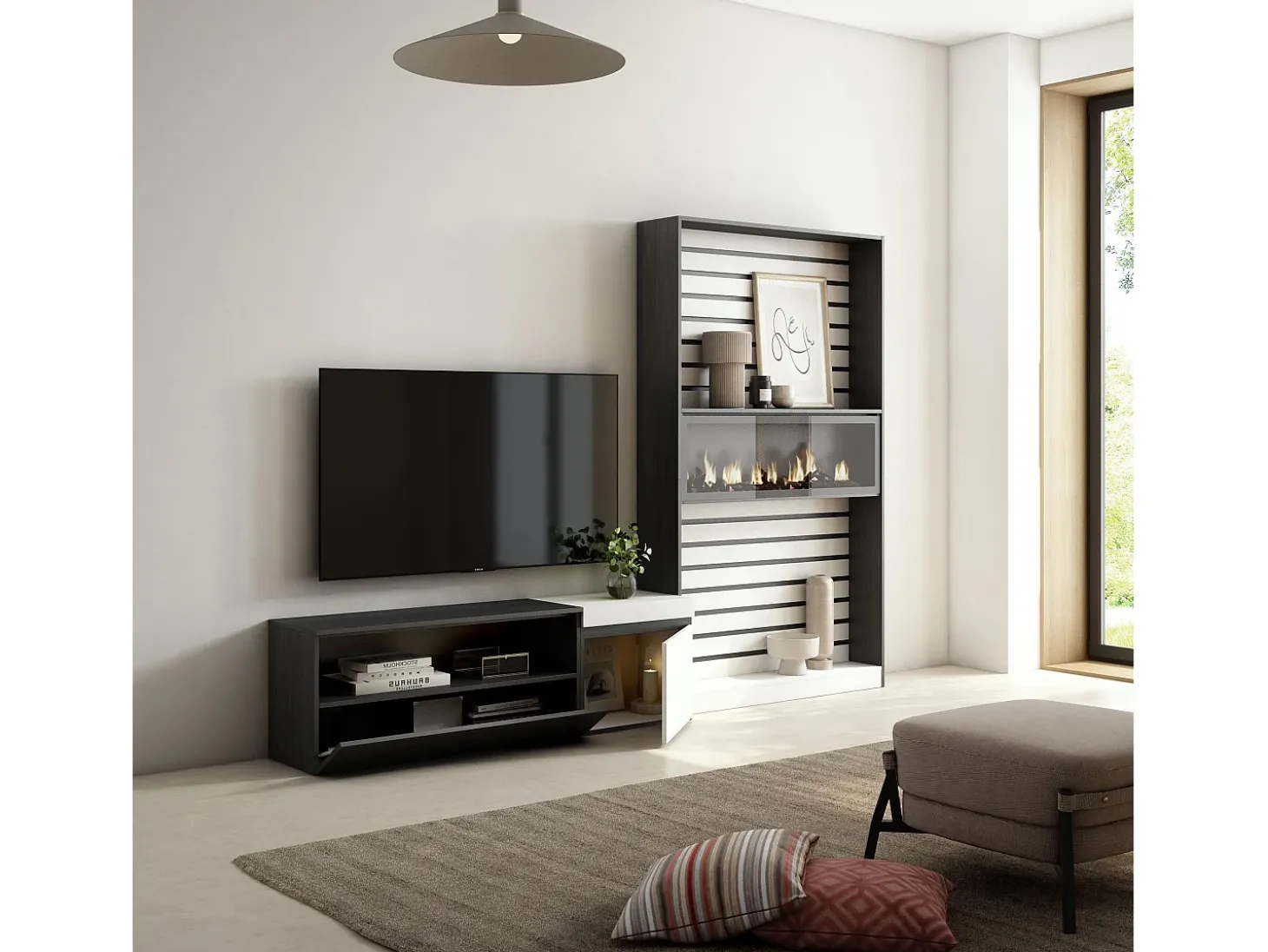 Conjunto de móveis TV, 260x35x186cm, Para televisores até 65", Lareira eléctrica, Branco e preto