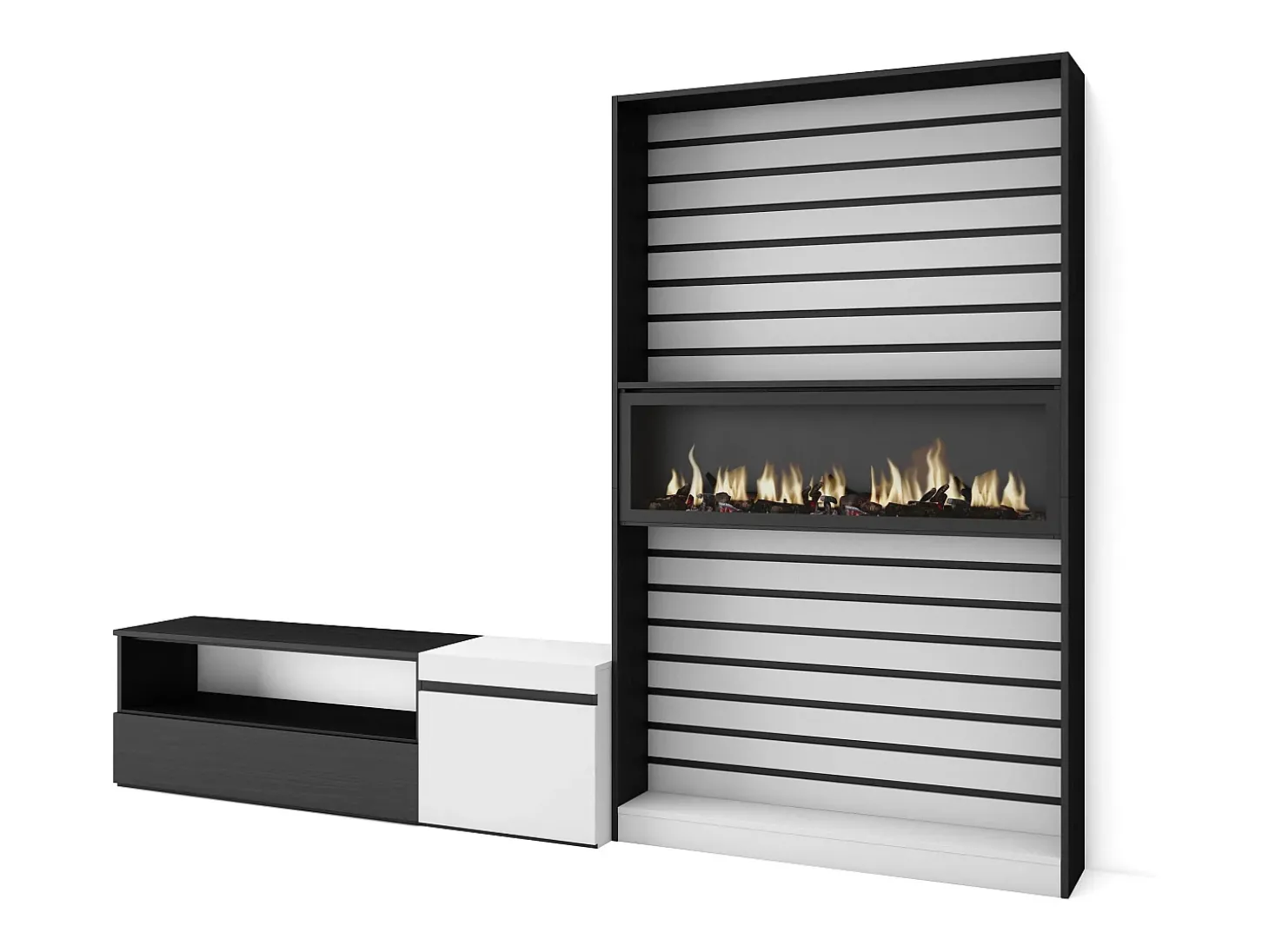 Conjunto de móveis TV, 260x35x186cm, Para televisores até 65", Lareira eléctrica, Branco e preto