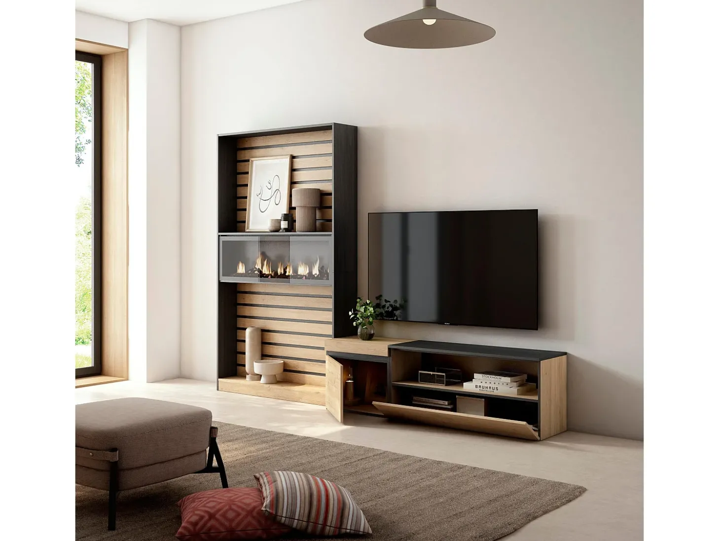 Conjunto de móveis TV, 260x35x186cm, Para televisores até 65", Lareira eléctrica, Carvahlo e preto