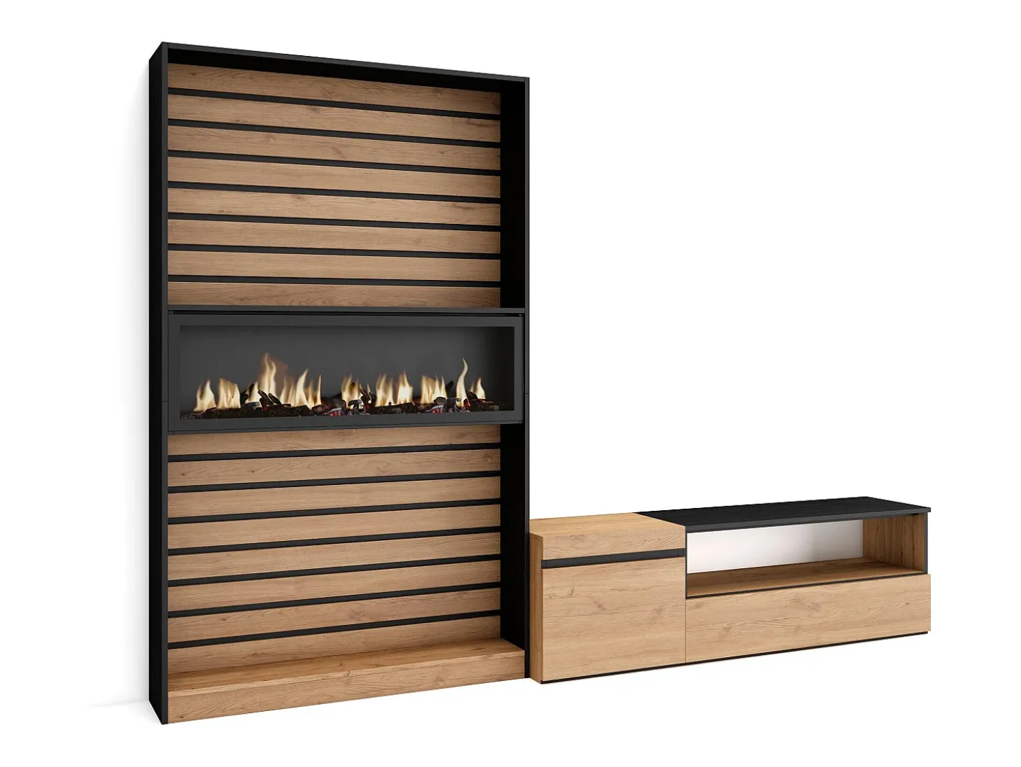 Conjunto de móveis TV, 260x35x186cm, Para televisores até 65", Lareira eléctrica, Carvahlo e preto