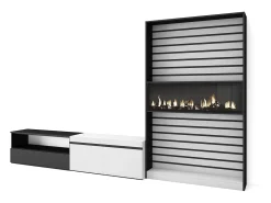 Conjunto de móveis TV, 310x35x186cm, Para televisores até 80", Lareira eléctrica, Branco e preto