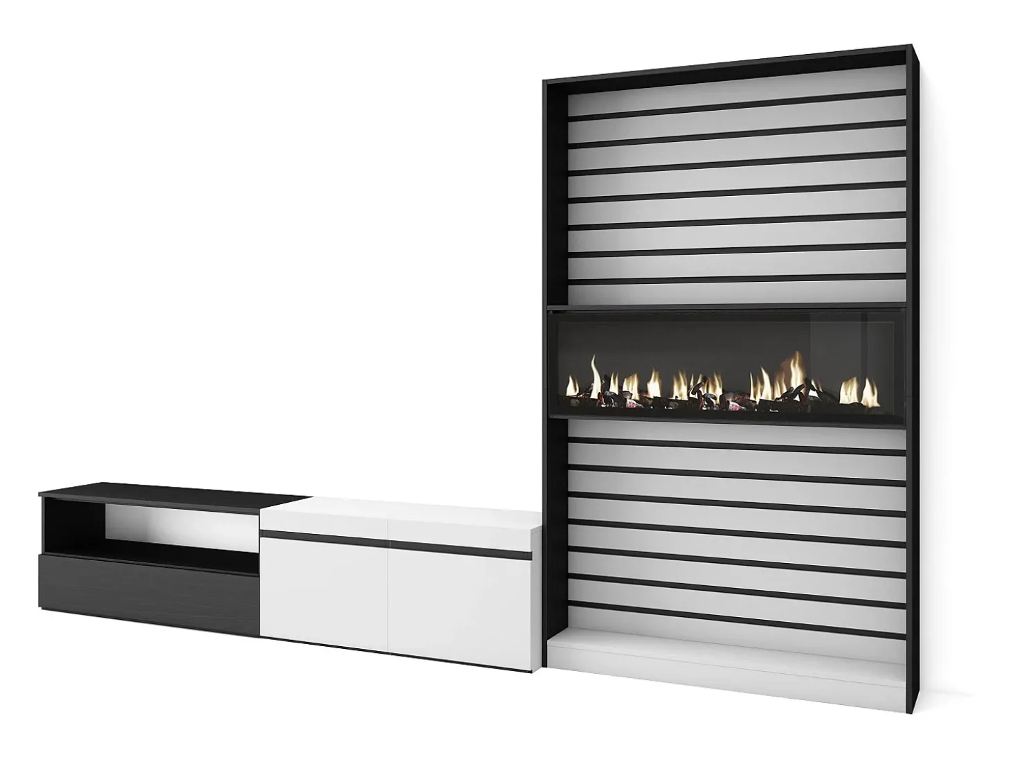 Conjunto de móveis TV, 310x35x186cm, Para televisores até 80", Lareira eléctrica, Branco e preto