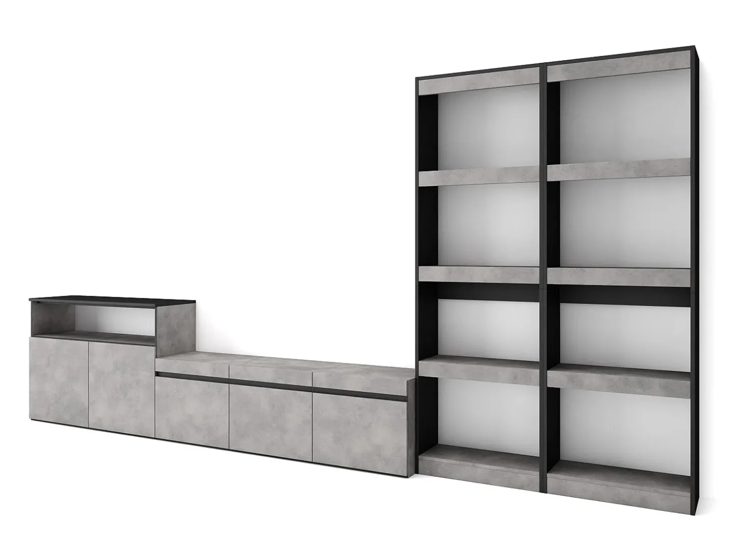 Conjunto de móveis TV, 370x35x186cm, Para televisores até 65", Estante para TV, Cimento