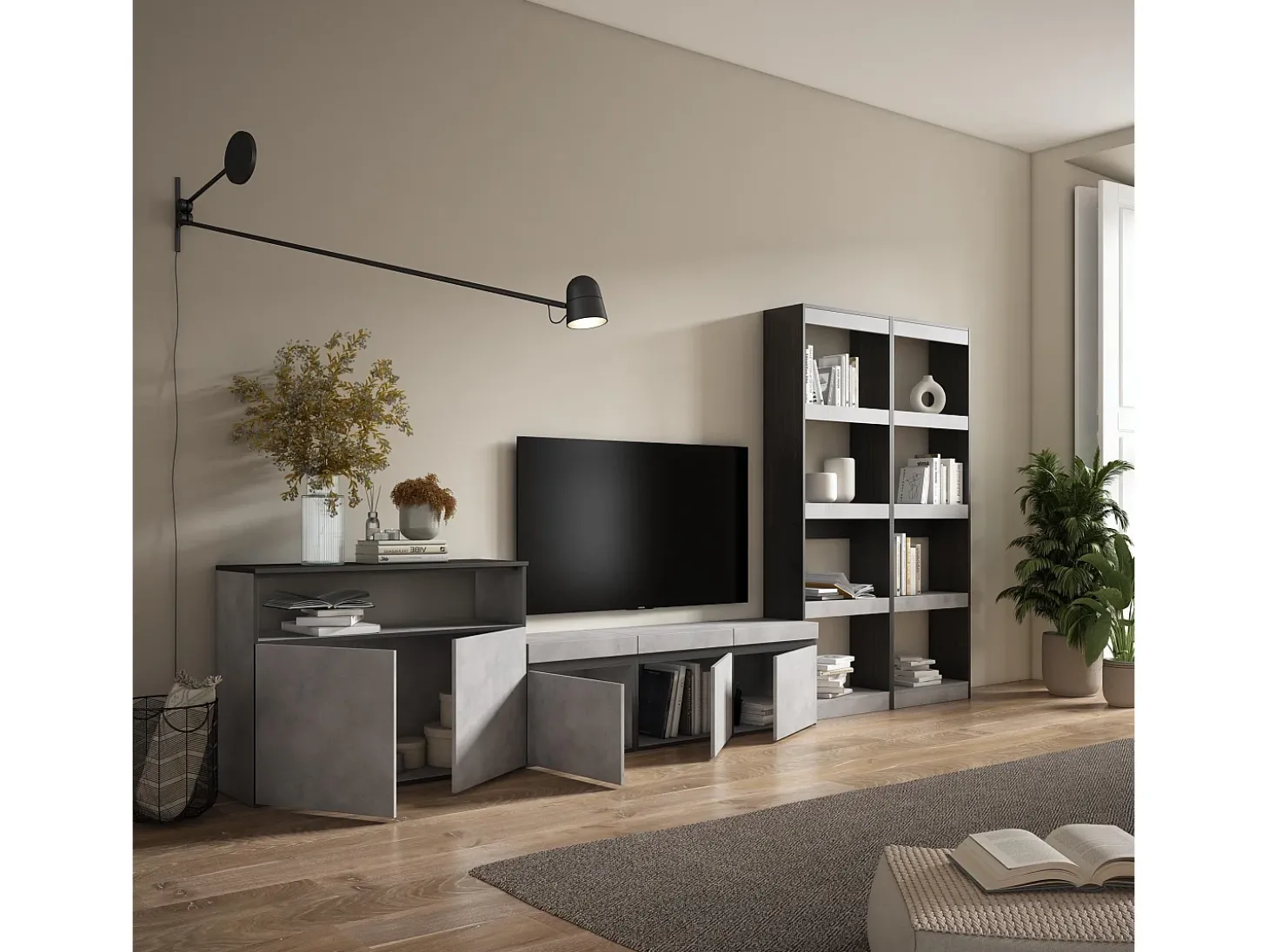 Conjunto de móveis TV, 370x35x186cm, Para televisores até 65", Estante para TV, Cimento