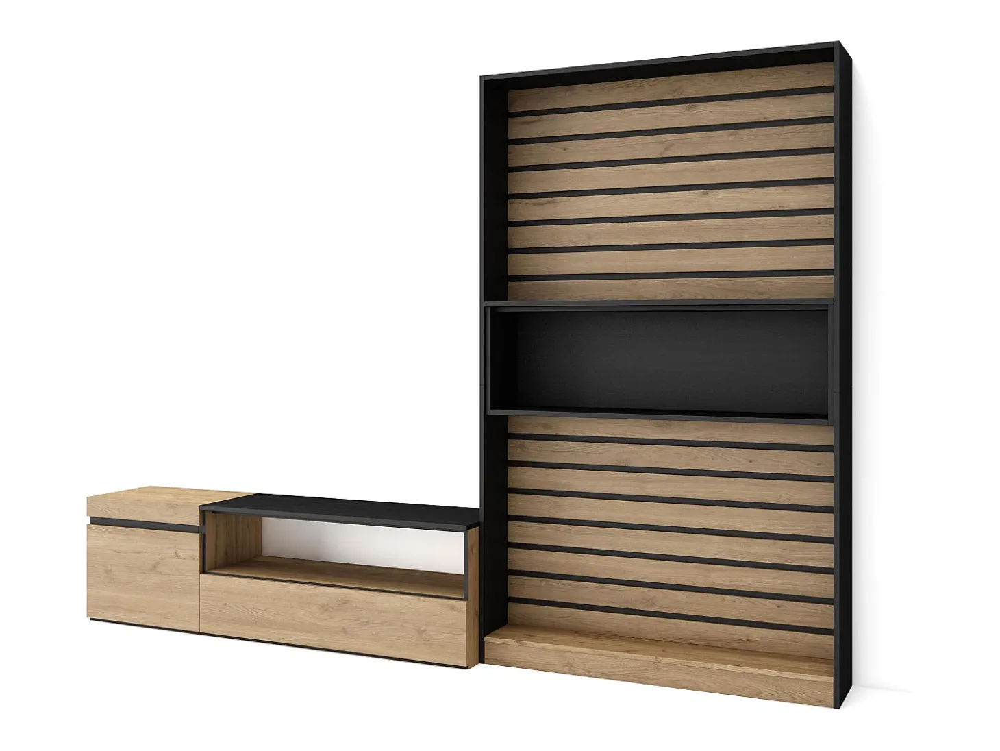 Conjunto de móveis TV, 260x35x186cm, Para televisores até 65", Estante para TV, Carvahlo e preto