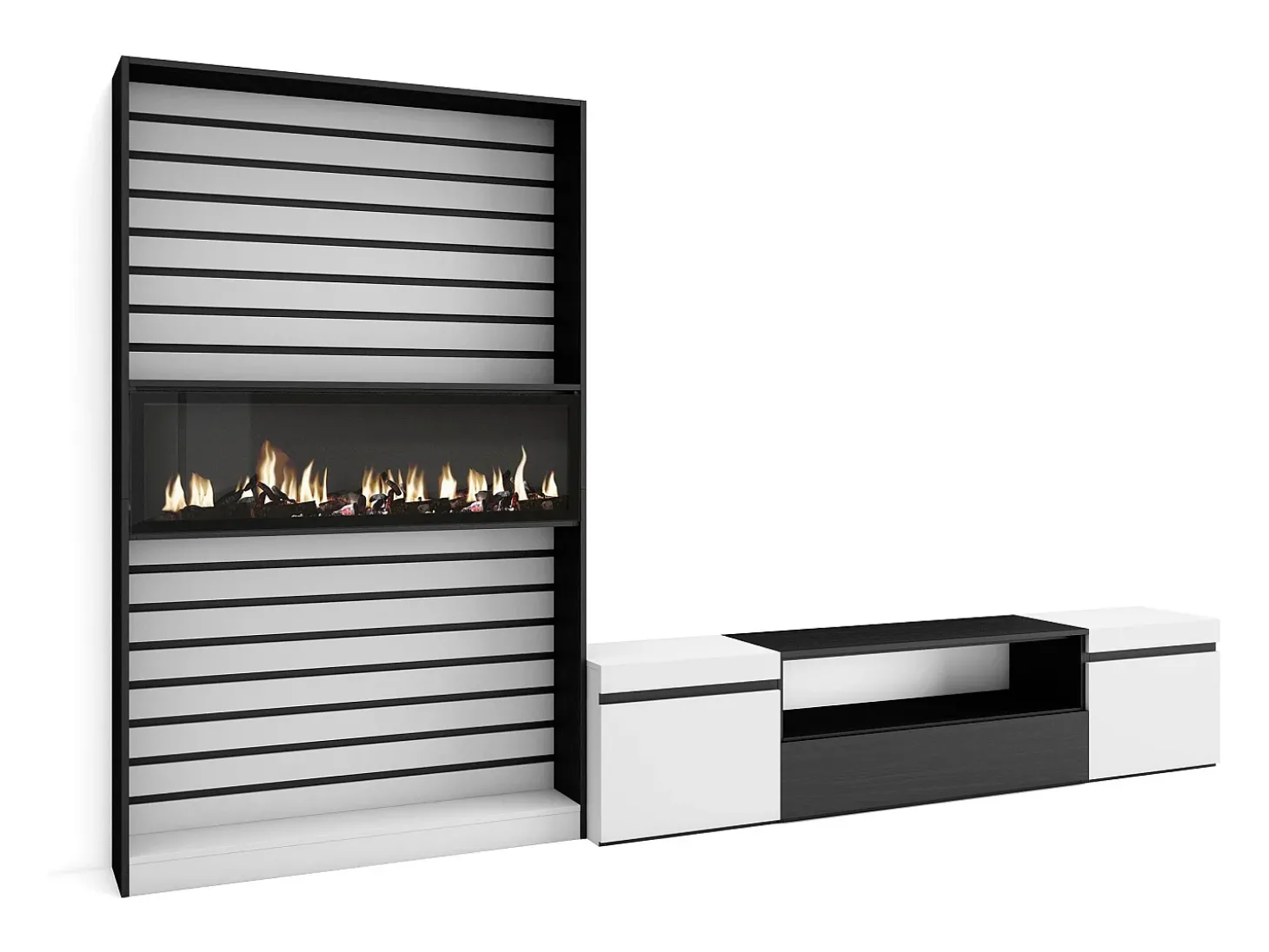 Conjunto de móveis TV, 310x35x186cm, Para televisores até 80", Lareira eléctrica, Branco e preto
