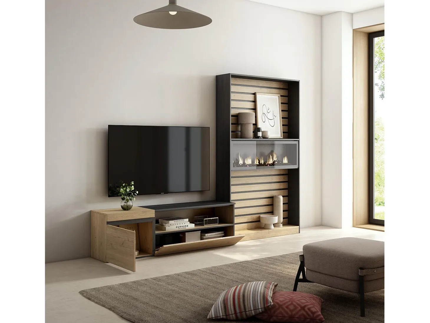 Conjunto de móveis TV, 260x35x186cm, Para televisores até 65", Lareira eléctrica, Carvahlo e preto