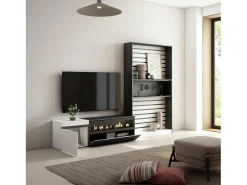 Conjunto de móveis TV, 260x35x186cm, Para televisores até 65", Lareira eléctrica, Branco e preto