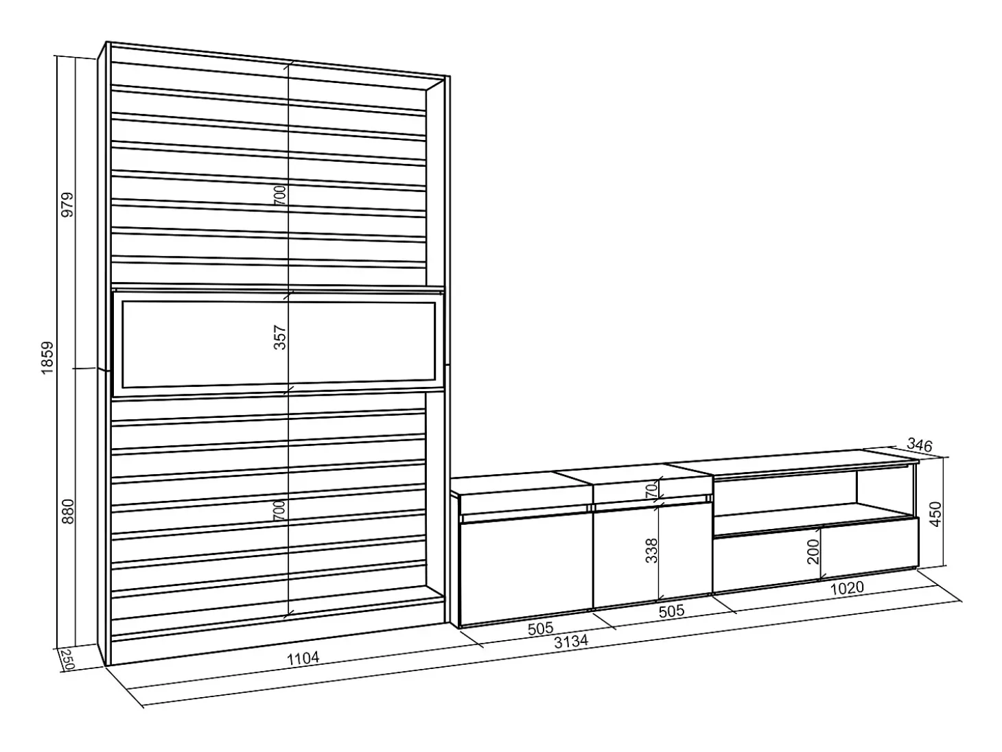 Conjunto de móveis TV, 310x35x186cm, Para televisores até 80", Lareira eléctrica, Branco e preto