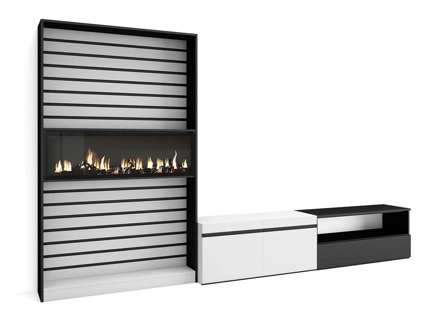 Conjunto de móveis TV, 310x35x186cm, Para televisores até 80", Lareira eléctrica, Branco e preto