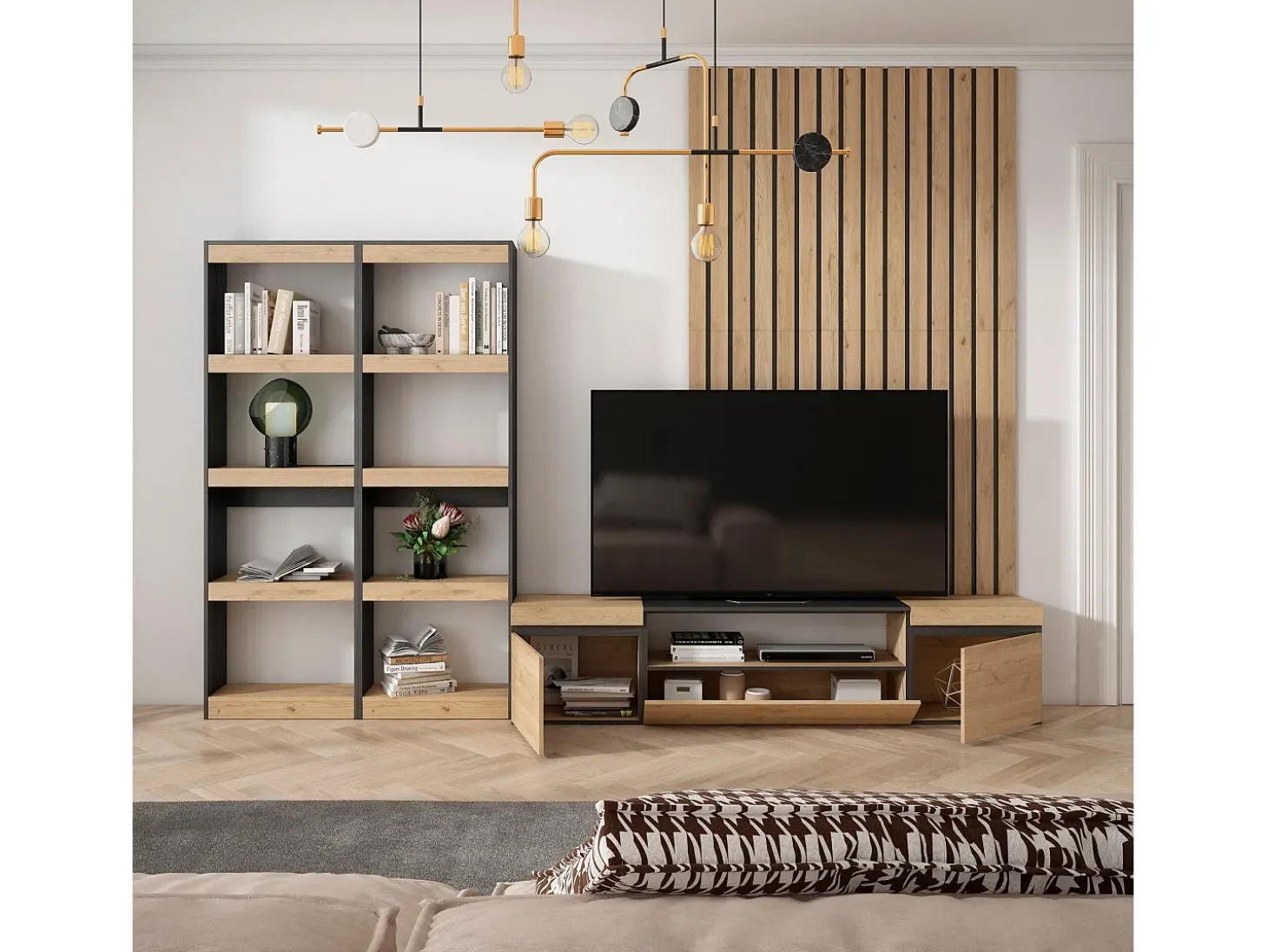 Conjunto de móveis TV, 320x35x186cm, Para televisores até 80", Estante para TV, Carvahlo e preto