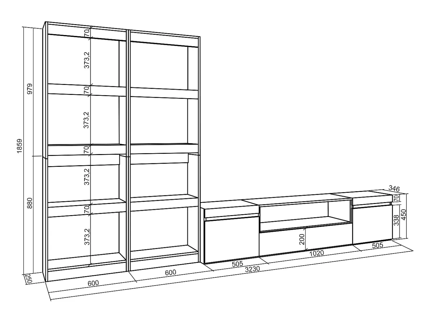 Conjunto de móveis TV, 320x35x186cm, Para televisores até 80", Estante para TV, Carvahlo e preto