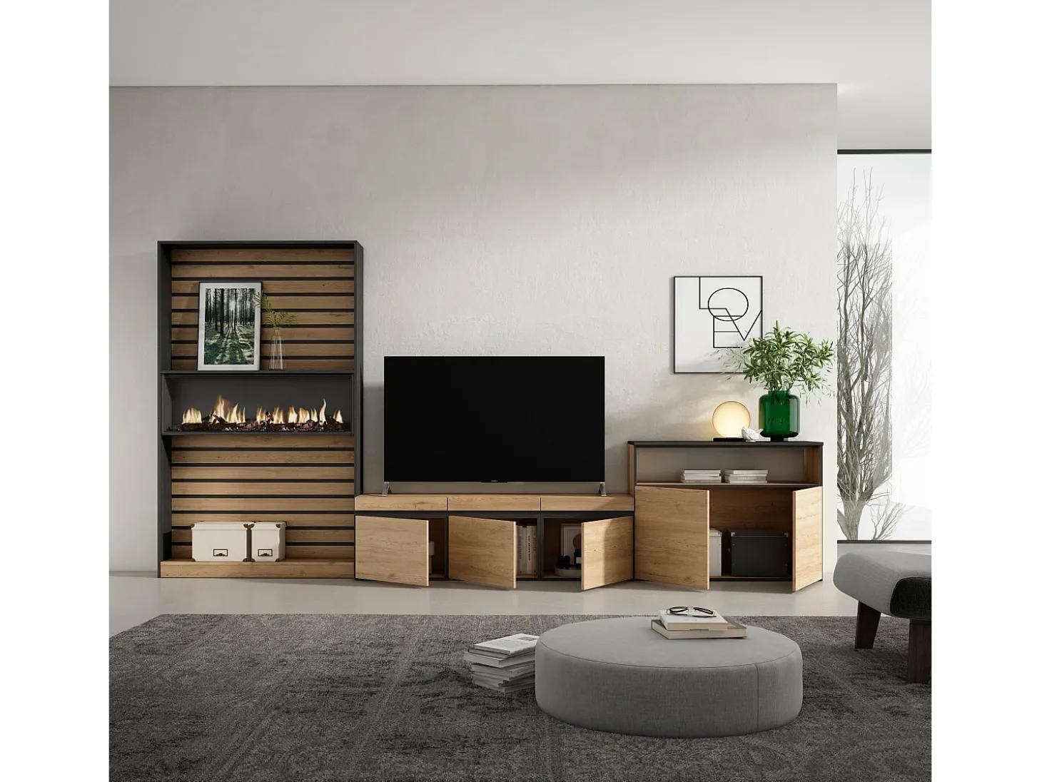Conjunto de móveis TV, 360x35x186cm, Para televisores até 65", Lareira eléctrica, Carvahlo e preto