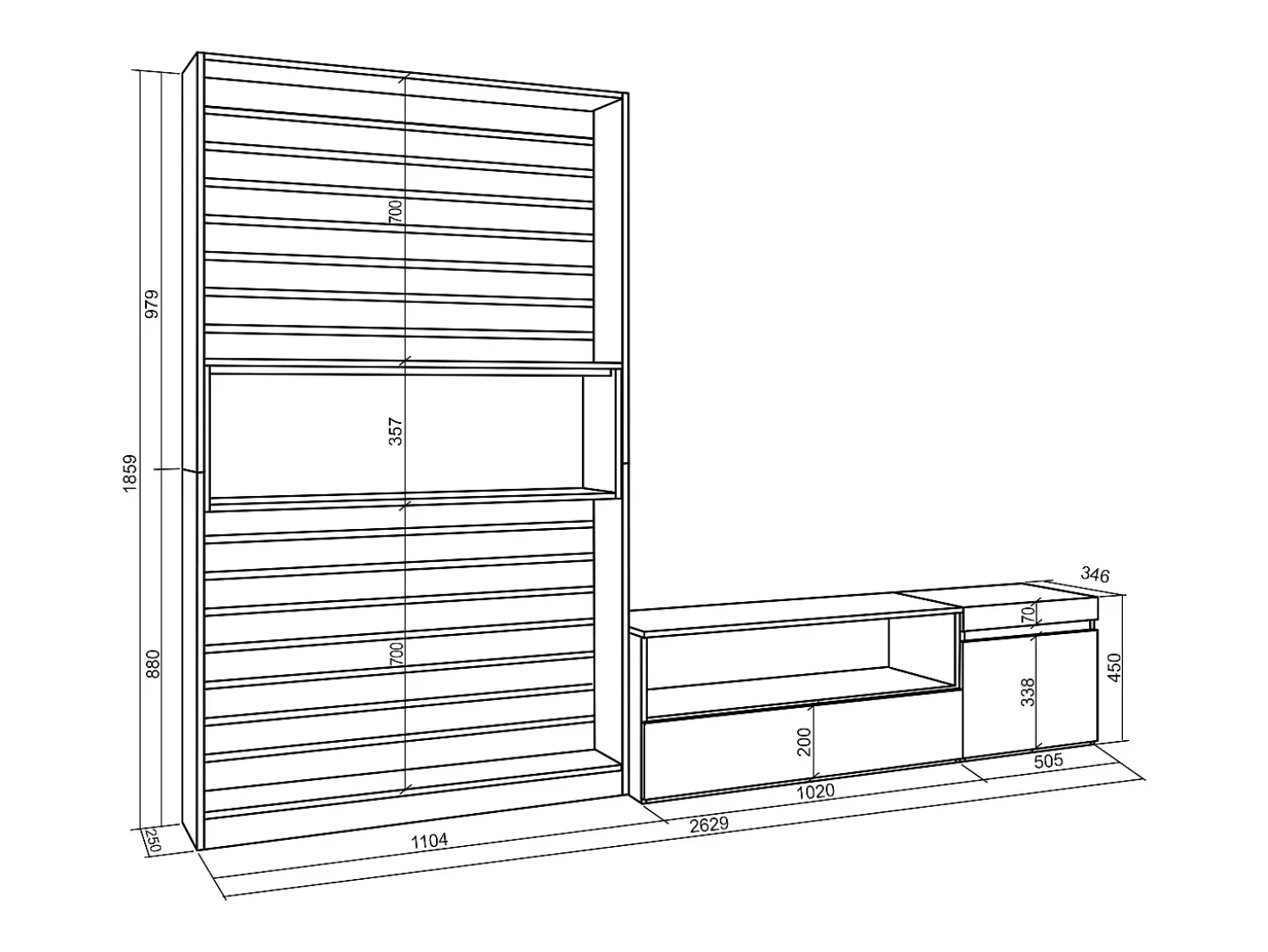 Conjunto de móveis TV, 260x35x186cm, Para televisores até 65", Estante para TV, Branco e preto
