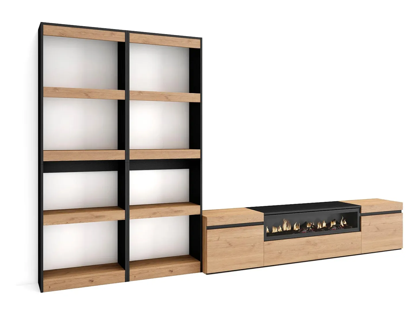 Conjunto de móveis TV, 320x35x186cm, Para televisores até 80", Lareira eléctrica, Carvahlo e preto