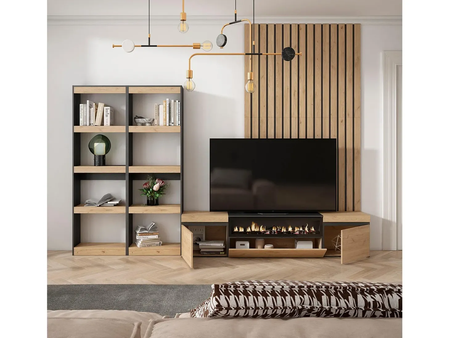 Conjunto de móveis TV, 320x35x186cm, Para televisores até 80", Lareira eléctrica, Carvahlo e preto