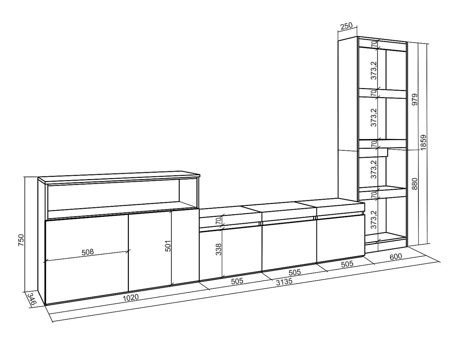 Conjunto de móveis TV, 310x35x186cm, Para televisores até 65", Estante para TV, Cimento