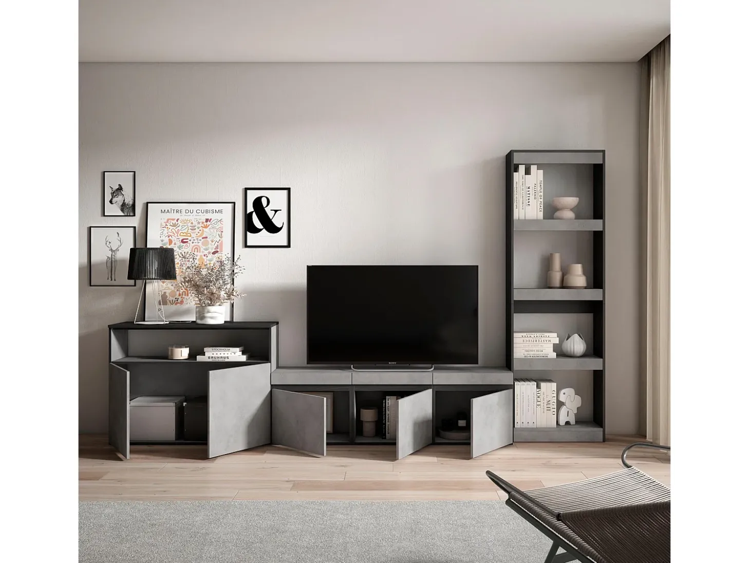 Conjunto de móveis TV, 310x35x186cm, Para televisores até 65", Estante para TV, Cimento