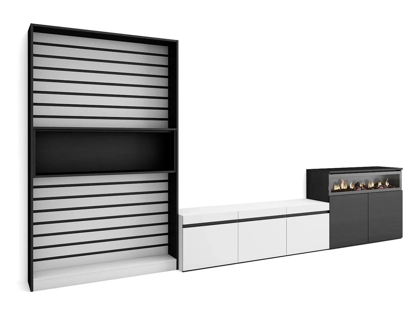 Conjunto de móveis TV, 360x35x186cm, Para televisores até 65", Lareira eléctrica, Branco e preto