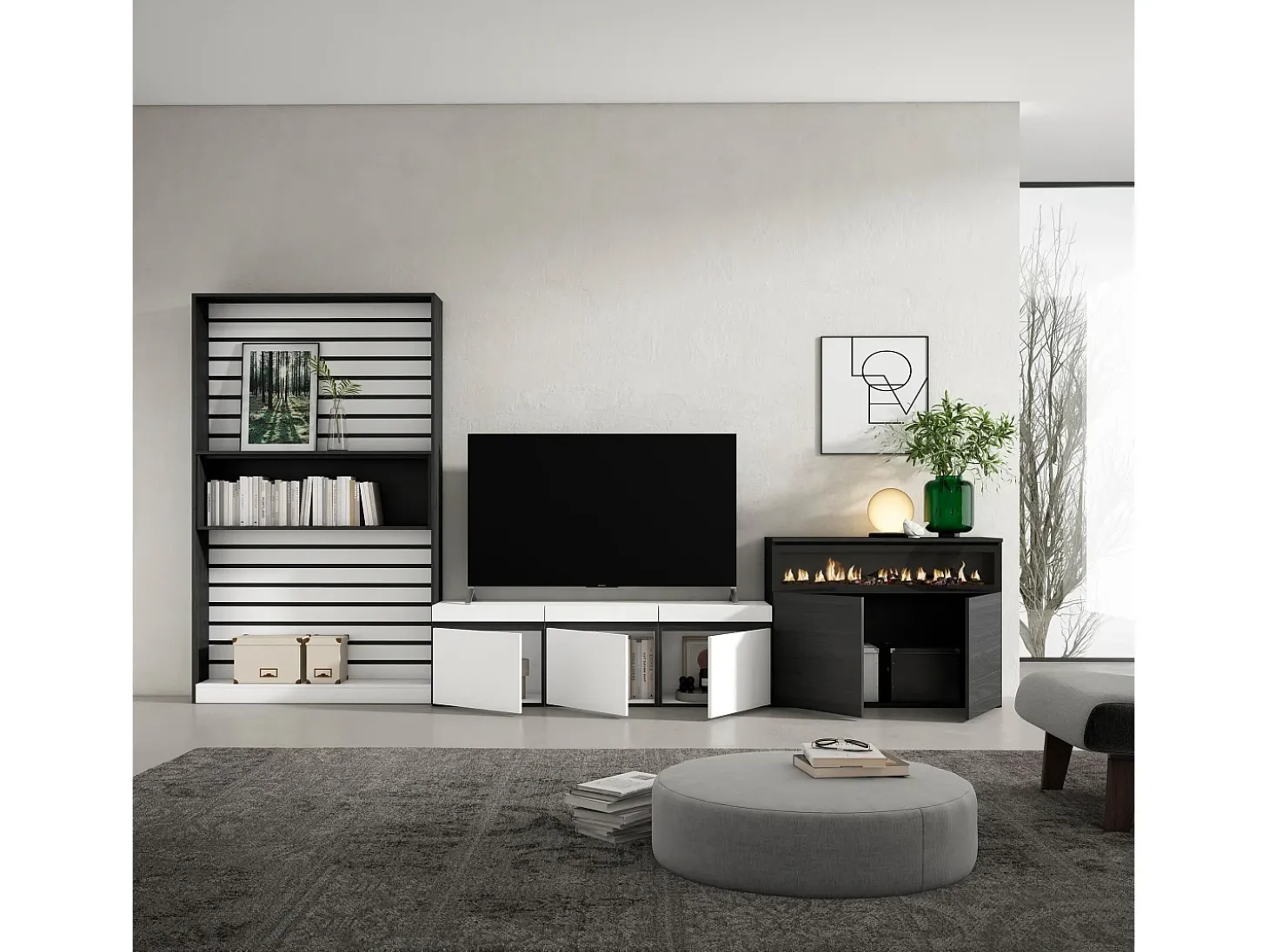 Conjunto de móveis TV, 360x35x186cm, Para televisores até 65", Lareira eléctrica, Branco e preto