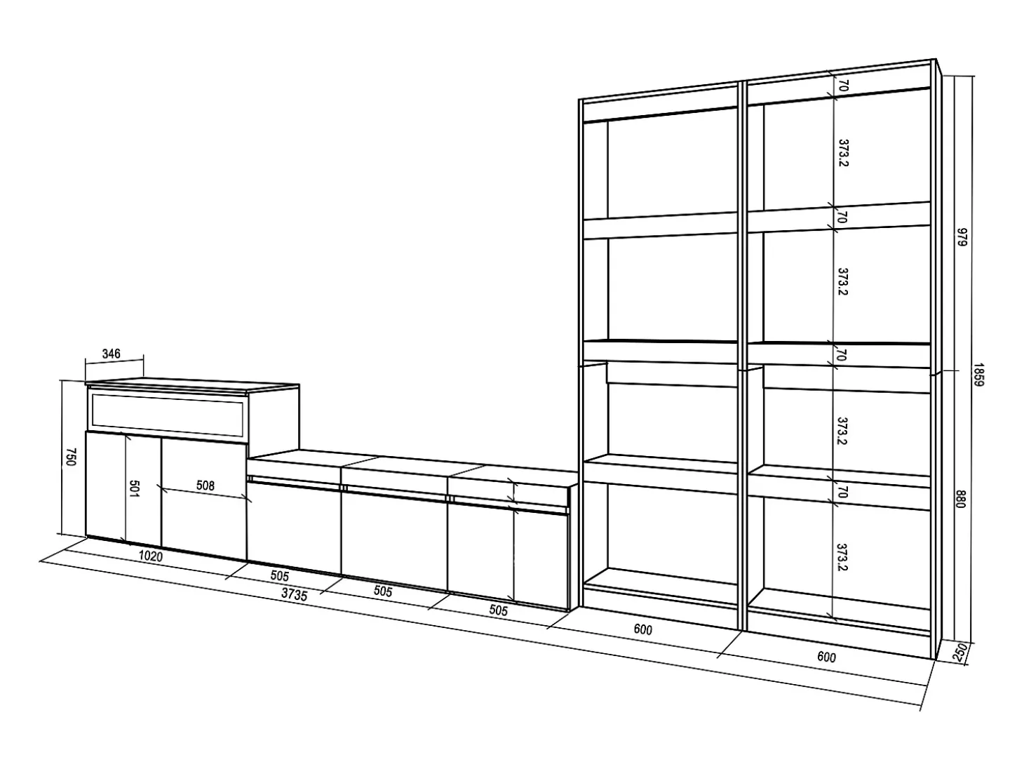 Conjunto de móveis TV, 370x35x186cm, Para televisores até 65", Lareira eléctrica, Cimento