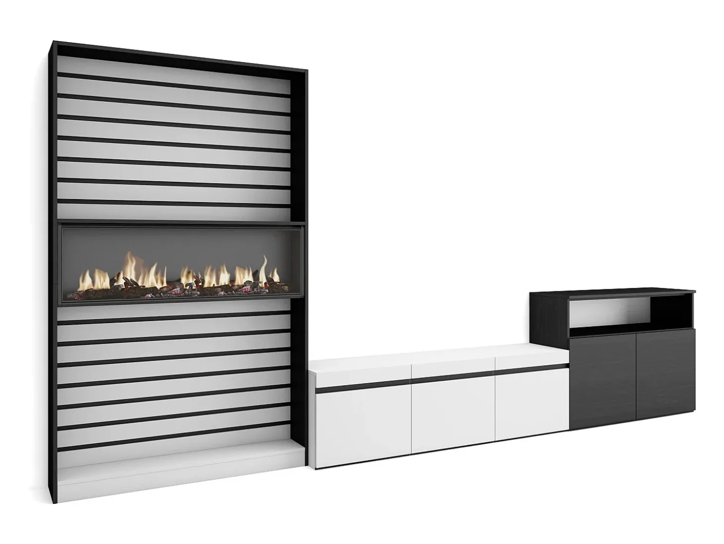 Conjunto de móveis TV, 360x35x186cm, Para televisores até 65", Lareira eléctrica, Branco e preto