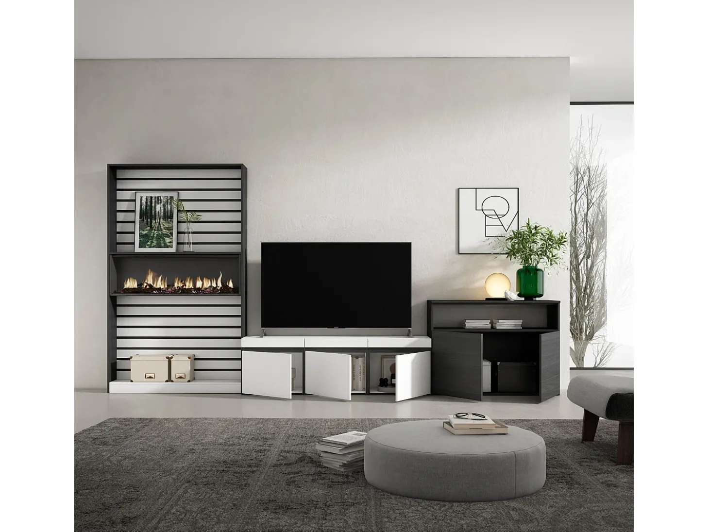 Conjunto de móveis TV, 360x35x186cm, Para televisores até 65", Lareira eléctrica, Branco e preto