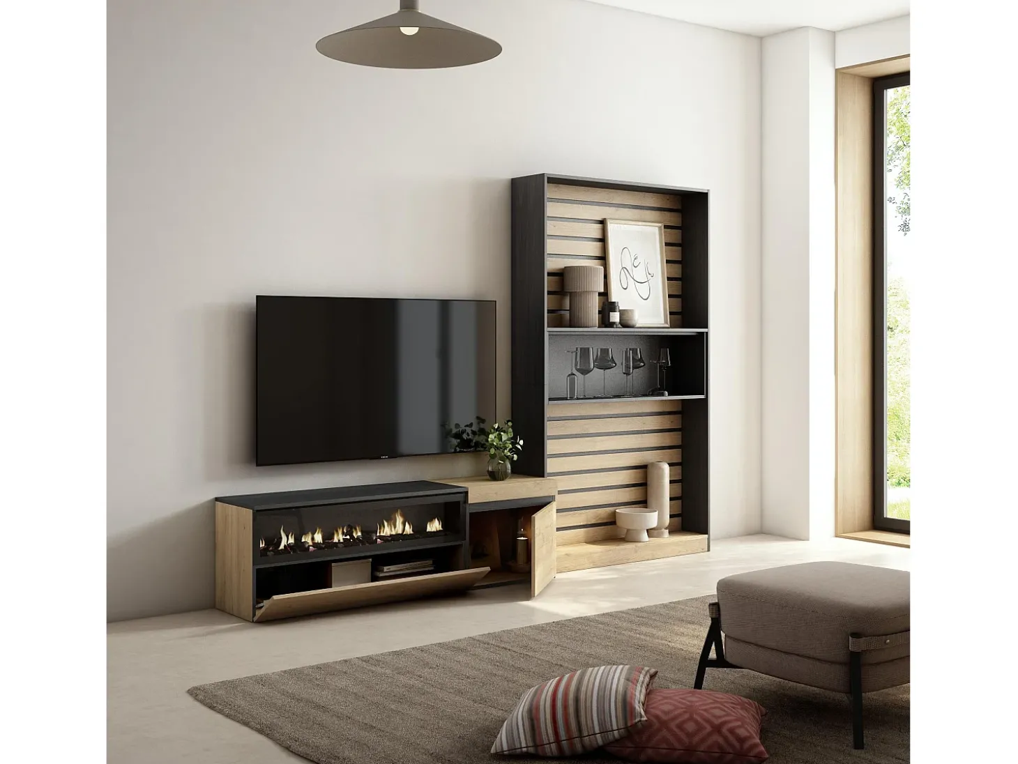 Conjunto de móveis TV, 260x35x186cm, Para televisores até 65", Lareira eléctrica, Carvahlo e preto