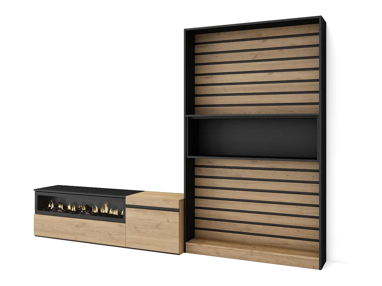 Conjunto de móveis TV, 260x35x186cm, Para televisores até 65", Lareira eléctrica, Carvahlo e preto